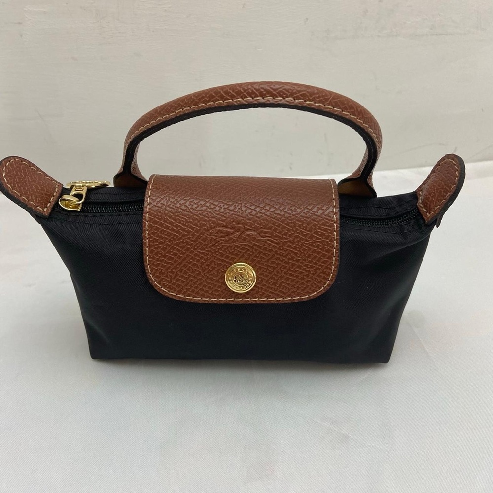 Longchamp Black Mini Top-Handle Bag with Brown Trim - Picture 4 of 4